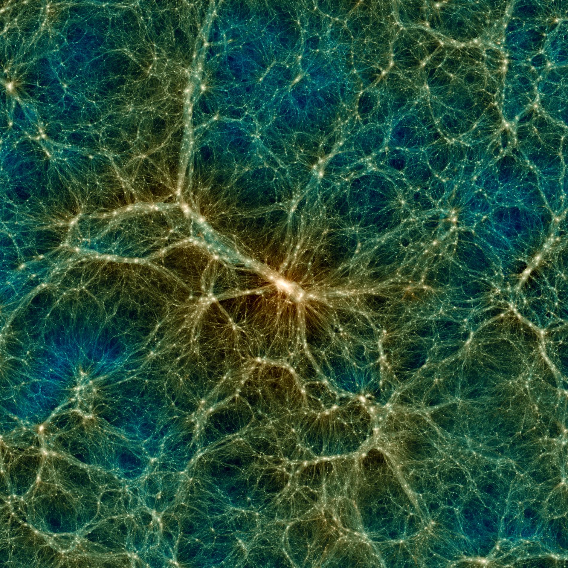 Simulación de la estructura a gran escala del universo, que muestra cúmulos densos de galaxias, filamentos, muros laminares y vacíos. Crédito: proyecto Uchuu