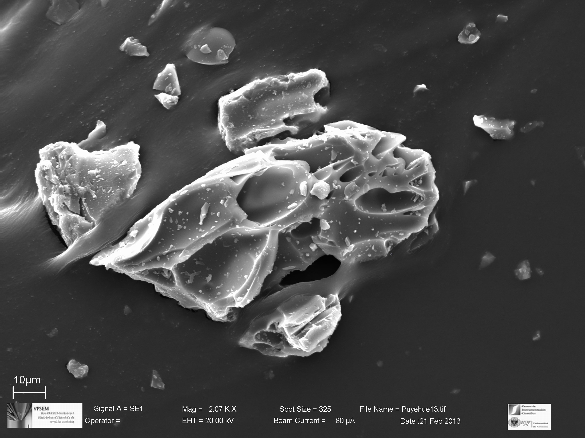Scanning Electron Microscopy image of volcanic ash particles from Puyehue